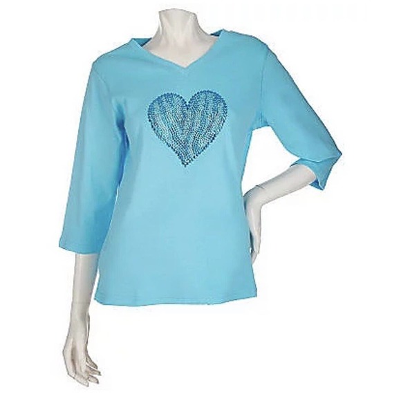 Womens Quacker Factory 3/4 Sleeve Zebra Heart Bling V-Neck Knit Top Aqua Size L - Picture 2 of 8